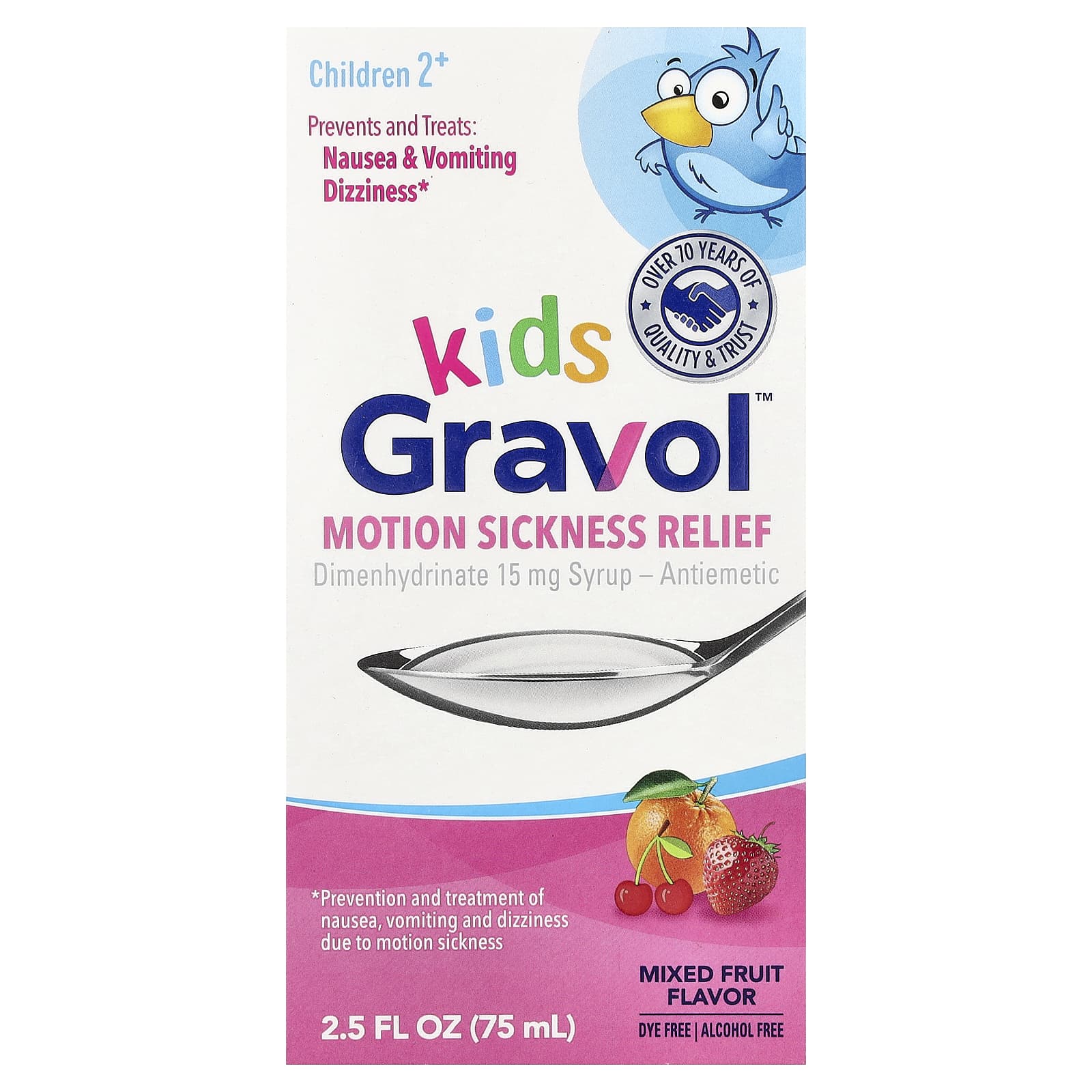 

Gravol, Motion Sickness Relief for Children, Ages 2 and Up, Mixed Fruit, 75 ml (2.5 fl oz)
