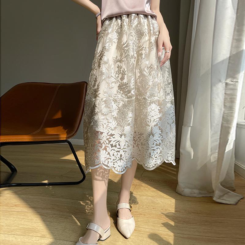 Summer 2025 High Waist A-Line Lace Midi Skirt