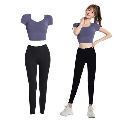 Yoga Top and Bottom Sportswear and Training Set with Half Sports Yoga and Leggings and Dark Blue Women's Set, Wear, 2-Piece Sleeves, Bra,