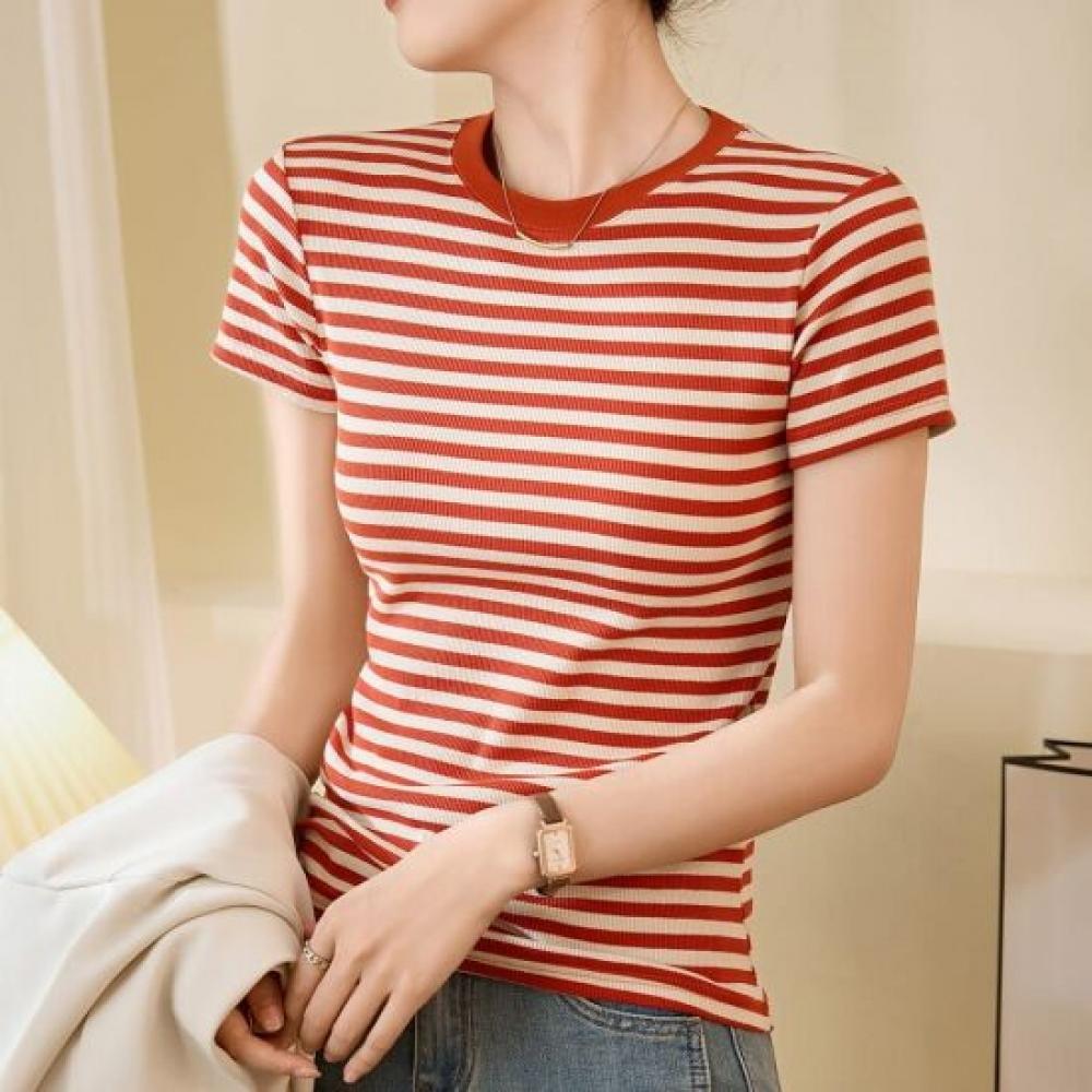 Navava NT3345 Women S caSual Daily STriped Round Neck ShorT Sleeve T ShirT