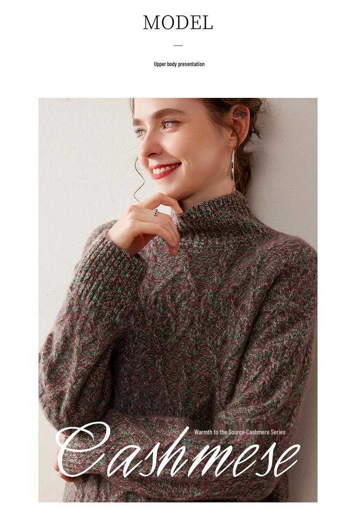 Elegant Goddess Floral Cashmere Sweater - 2025 Autumn/Winter Women's Half-High Neck, Diamond Pattern Knit