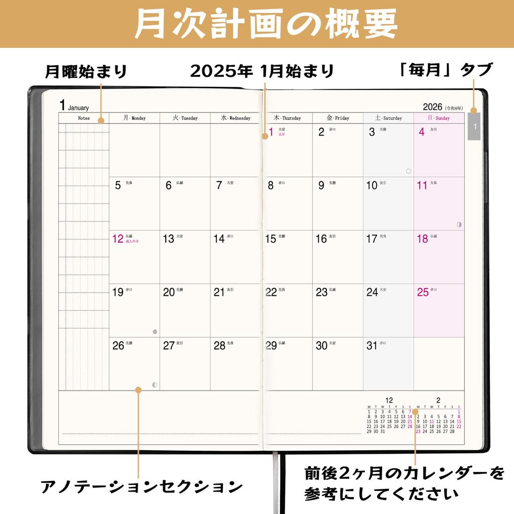 2026 A6 Weekly Diary with Monthly PVC Black December Blocks, Cover, (Starts 2025)