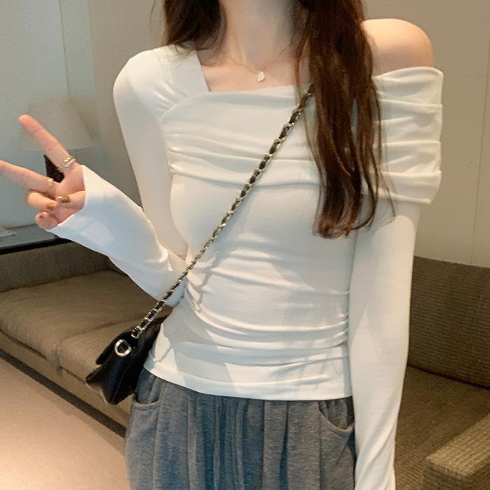 

[High Elastic Ribbed German Velvet] One-word shoulder long-sleeved white bottoming shirt women s design sense autumn XL білий