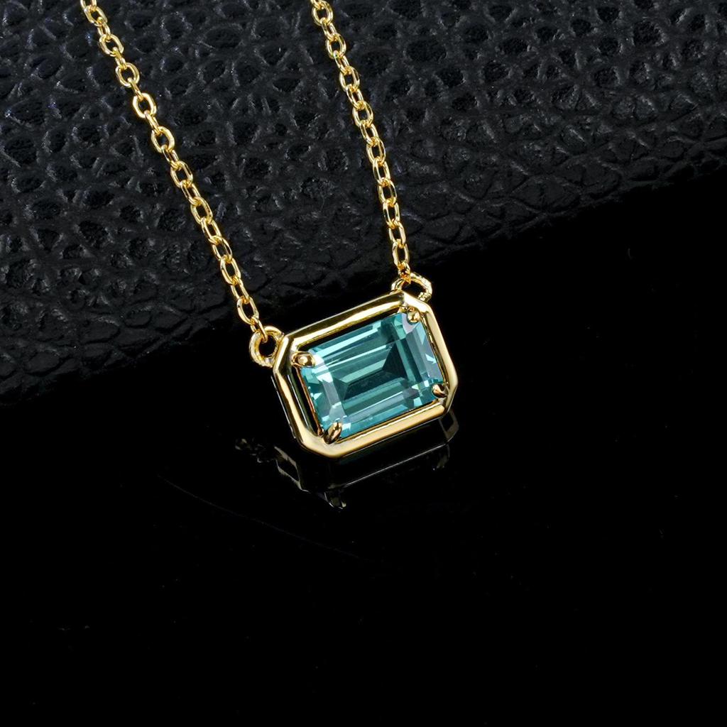 Women's Minimalist S925 Sterling Silver Necklace with Rectangular Cultured Emerald in Square Frame and Four-Claw Setting
