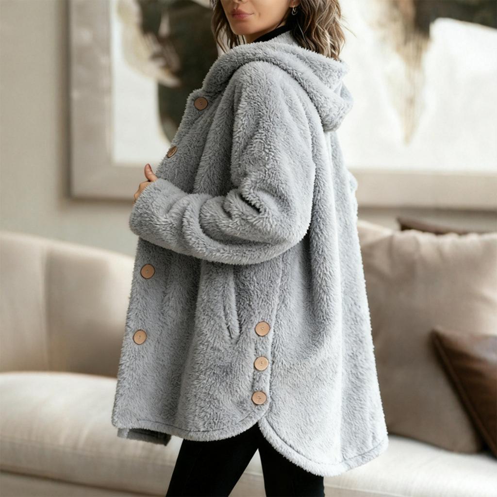 Women's Fashion Fuzzy Color Button Pocket Hooded Long Sleeve Loose Warm Jacket