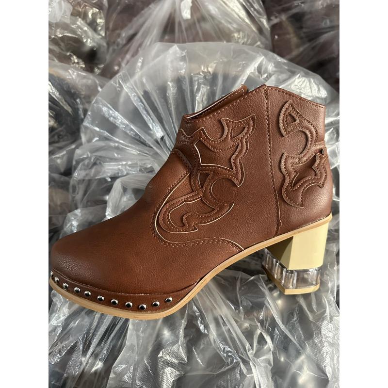 Leather Women Ankle Boots Women's Shoes Low Heel Cool British Embroidered Design Soft Short Boots Party Women Footwear