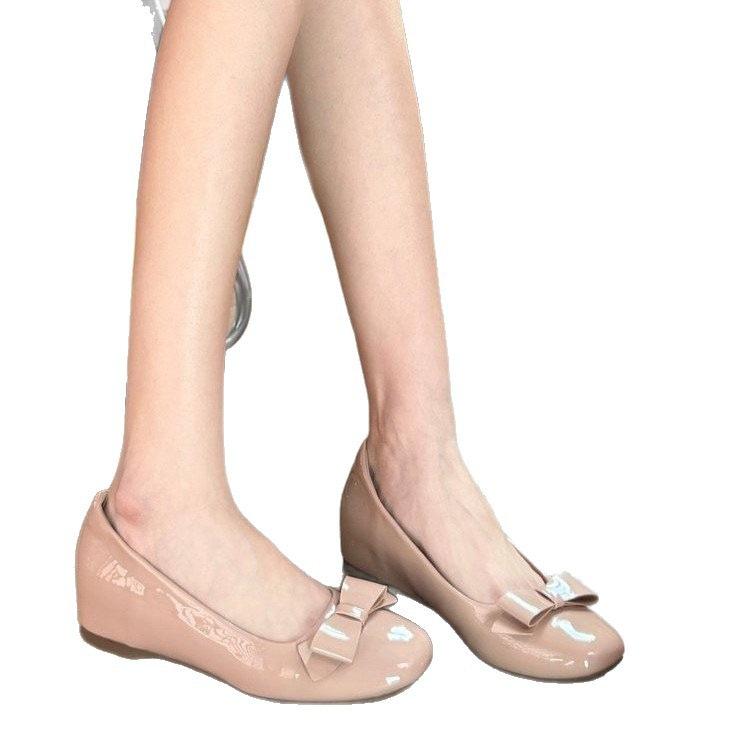 French gentle wind bow flat single shoes women's new nude light mouth round head ballet grandma shoes evening shoes