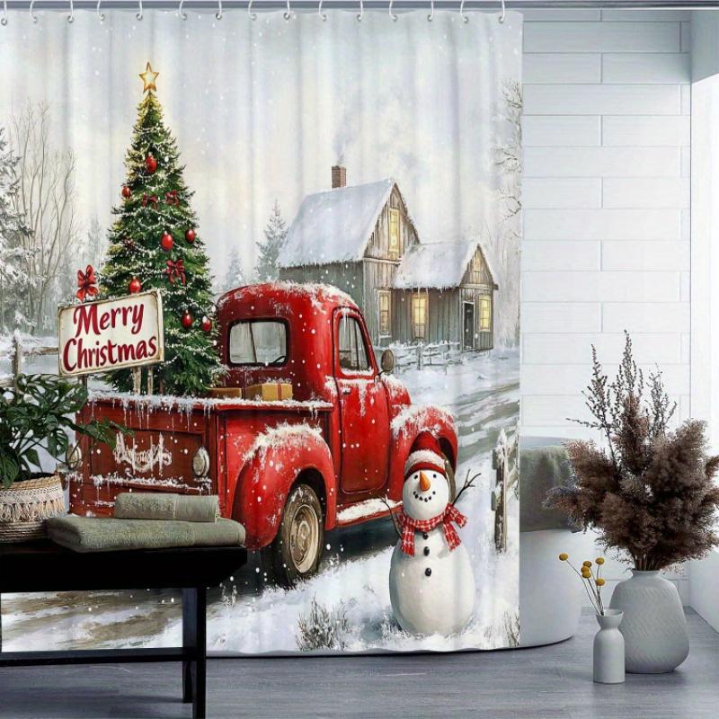 Festive Red Truck Christmas Shower Curtain With Waterproof, Machine Washable, Artistic Design, Suitable For Home, Hotel