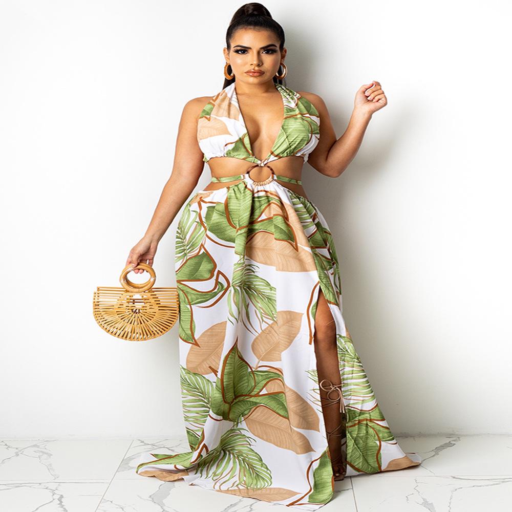 

Жіноча літня максі-сукня з квітковим принтом, халтер, без спини, на 2025 рік S смарагдовий/зелений