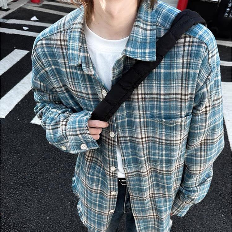 Retro Distressed Plaid Flannel Shirt with Tassels, Unisex Spring Loose Fit