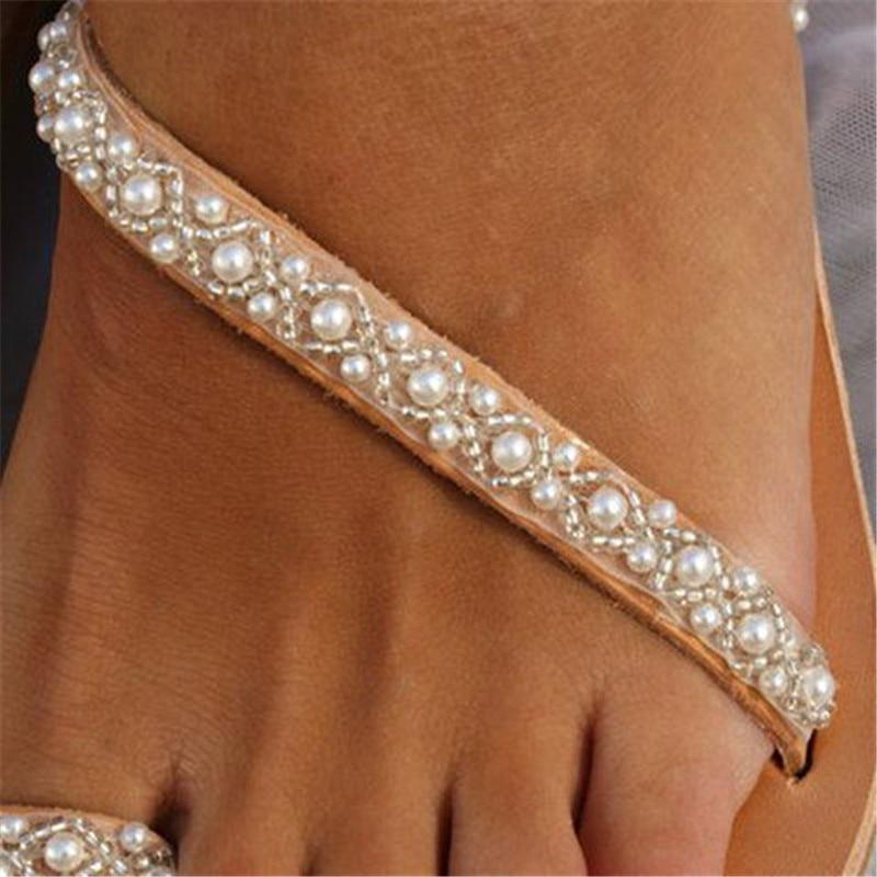 Women Flat Sandals Summer Sweet Boho Pearl Decoration Sandals Women Beach Shoes