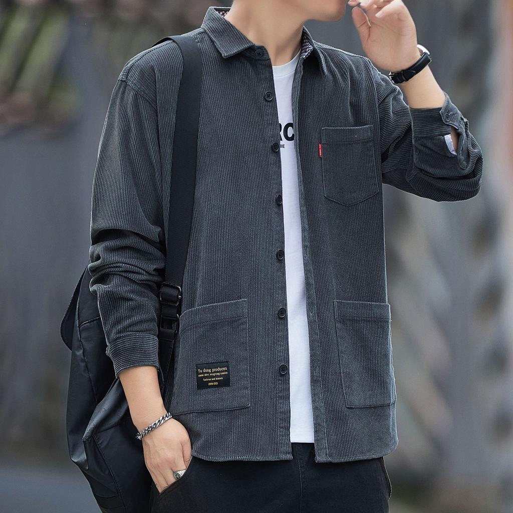 

Four Seasons Men s Spring Autumn Thin Section Lapel Buttons Models Solid Colour Long-sleeved Simple Loose Shirt Pockets Workwear Tops S