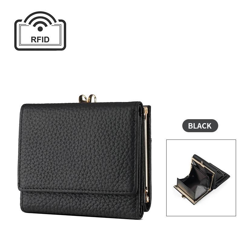 Women Kiss Lock Wallet Short Leather Kiss Clasp Metal Frame Coin Purse Small Card Holder Rfid Blocking Trifold Wallets for Women