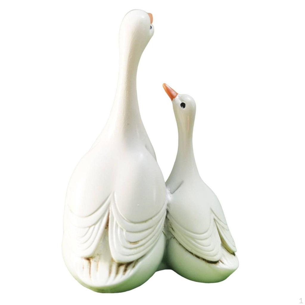 Mother and Young Duck Figurine Resin White Statue Gift Choice for Micro Landscape, Garden, Desk