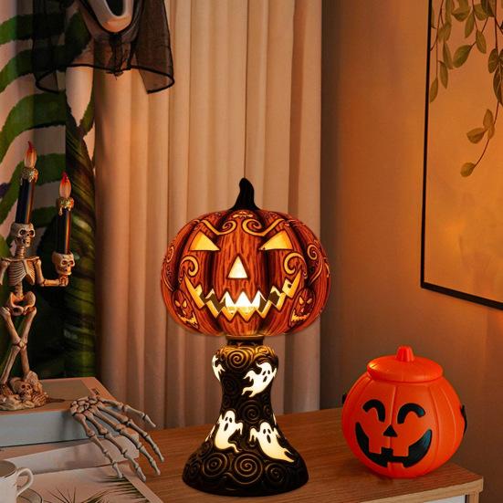 Pumpkin Night Light Halloween Horror Skeleton Ghost Witch Pumpkin Lantern Resin LED Tabletop Lamp for Gothic Room Desk Decorr