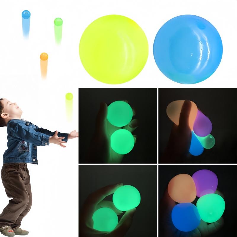 6Pcs Luminous Wall Target Ball Sucker Sticky Ceiling Ball Decompressiontoys Squeeze Ball For Kids Adult Colorful Rubber Balls