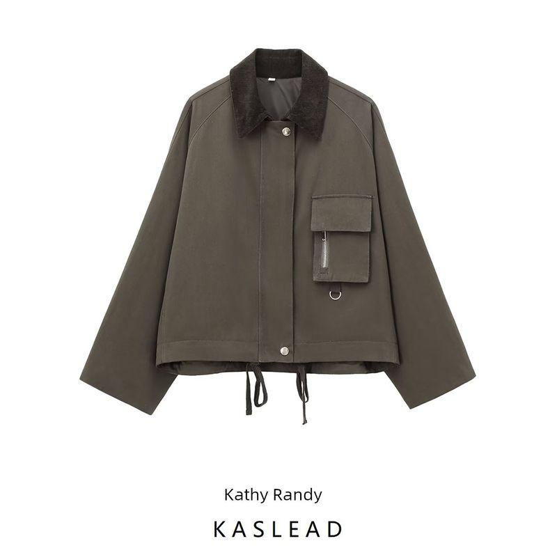 Kaslead New Arrival Women's Clothing Fashion Style Fashion Corduroy Neckline Waxing Leather Jacket Coat 4369241