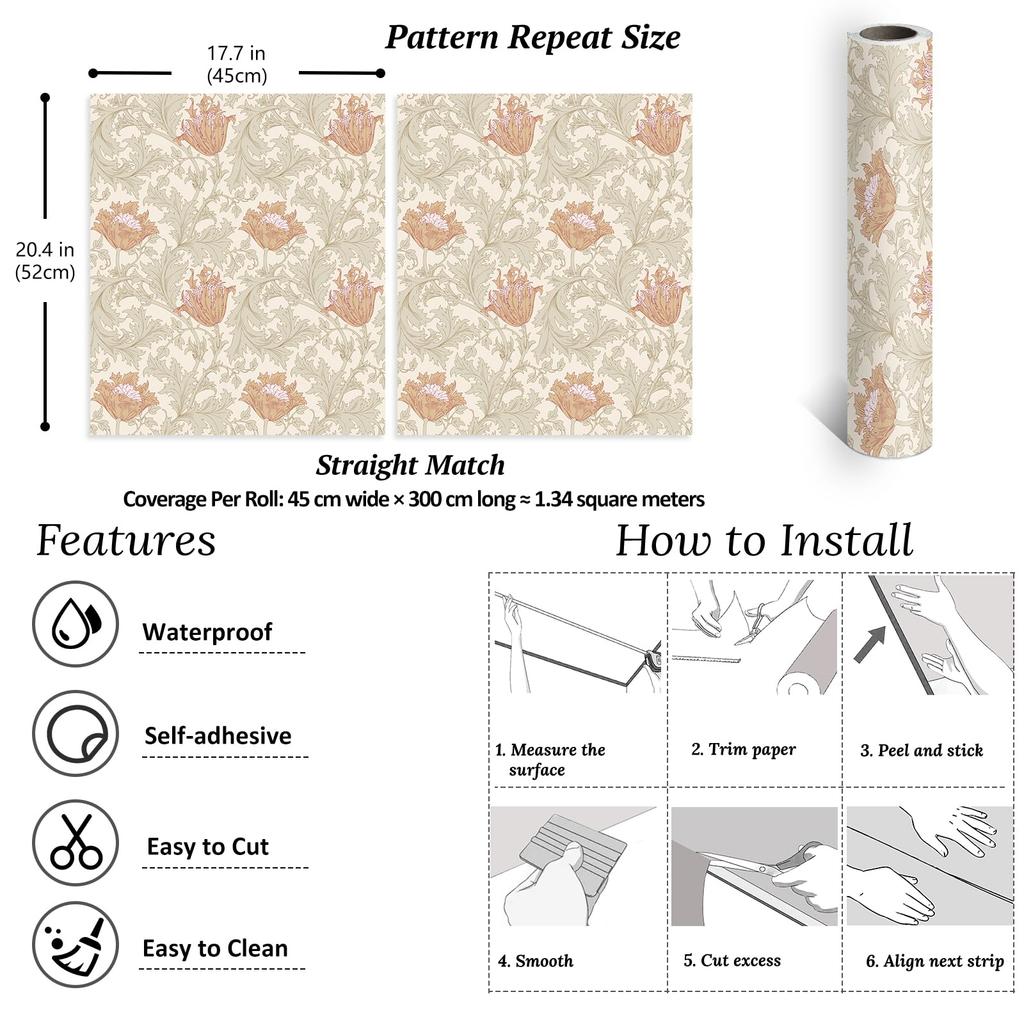 VEELIKE Wallpaper Floral Removable Damask Leaf Heat Sticker Cutting Wall Removable Fusuma Vintage Sticker, Pattern, Wallpaper, Beige, Style, Pattern,