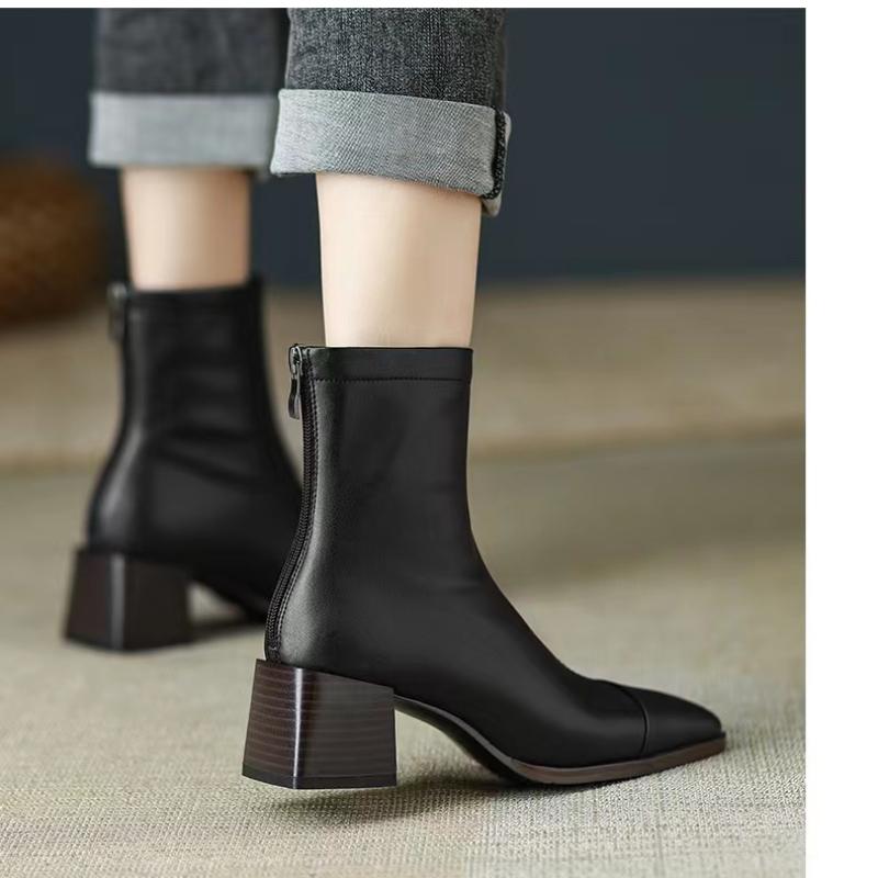 Fashion 2024 Spring and Autumn New Women's Bare Boots with Zipper Rear Leather Face Versatile and Comfortable Single Boots for Women