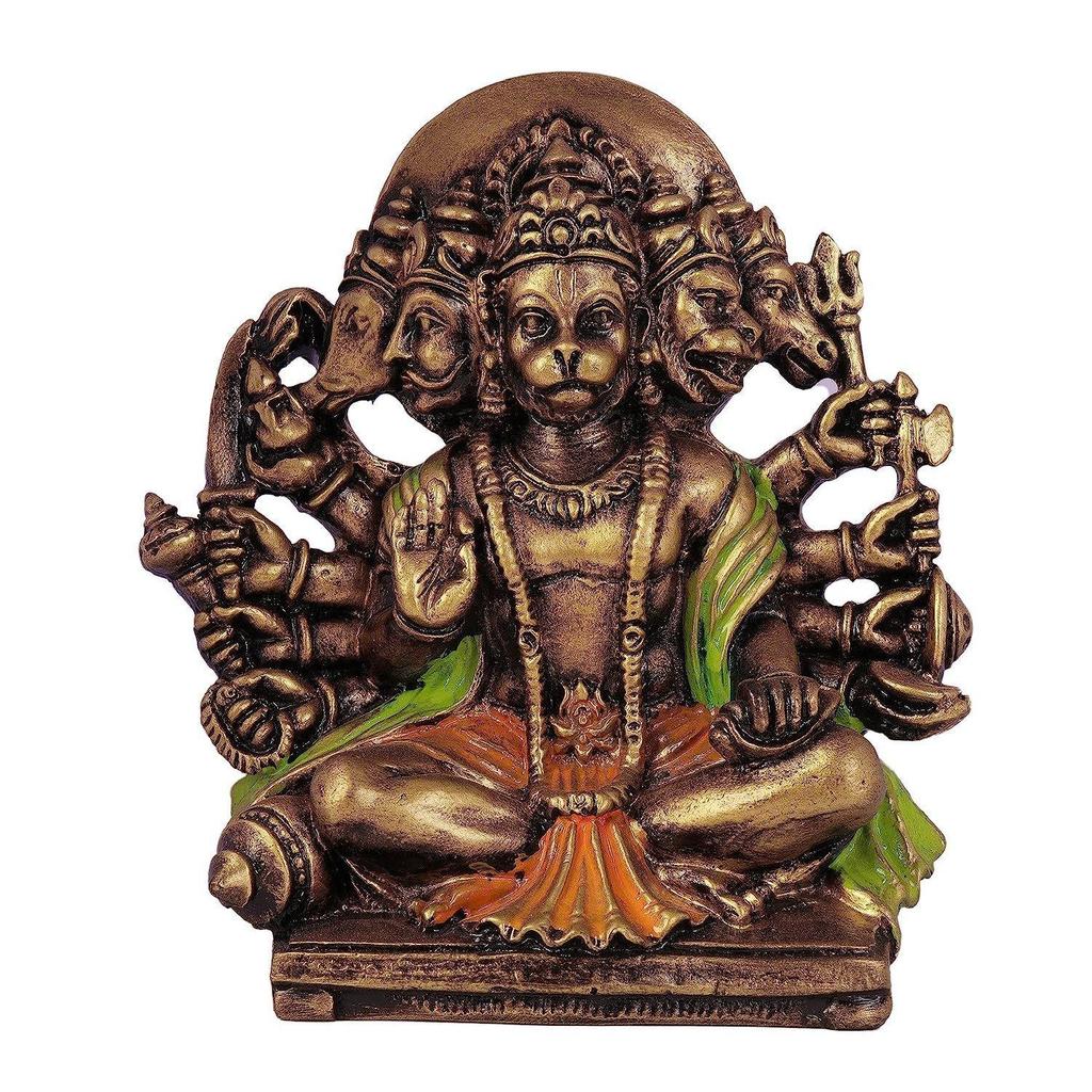 Multi Gold Colour Resin Panchmukhi Hanuman Murti Vintage Statue for Home Temple