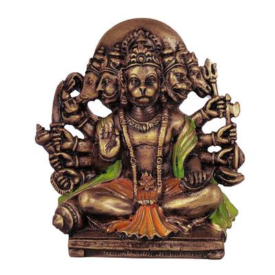 Multi Gold Colour Resin Panchmukhi Hanuman Murti Vintage Statue for Home Temple