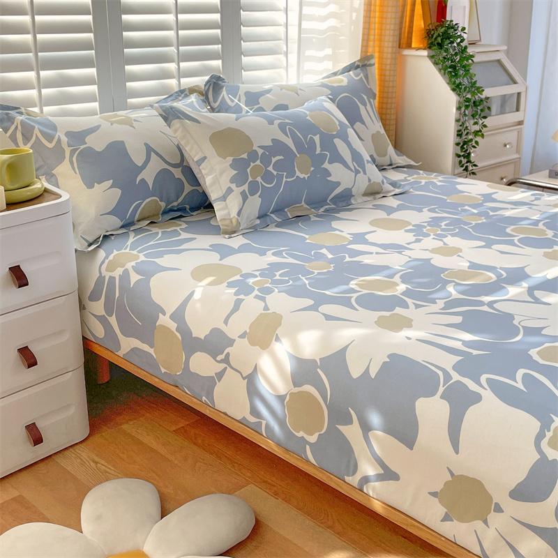 Blue White Floral Pattern Fitted Sheet Set Abstract Flowers Cotton Bedding Set Skin-friendly Non-slip Bedspread with Pillowcases