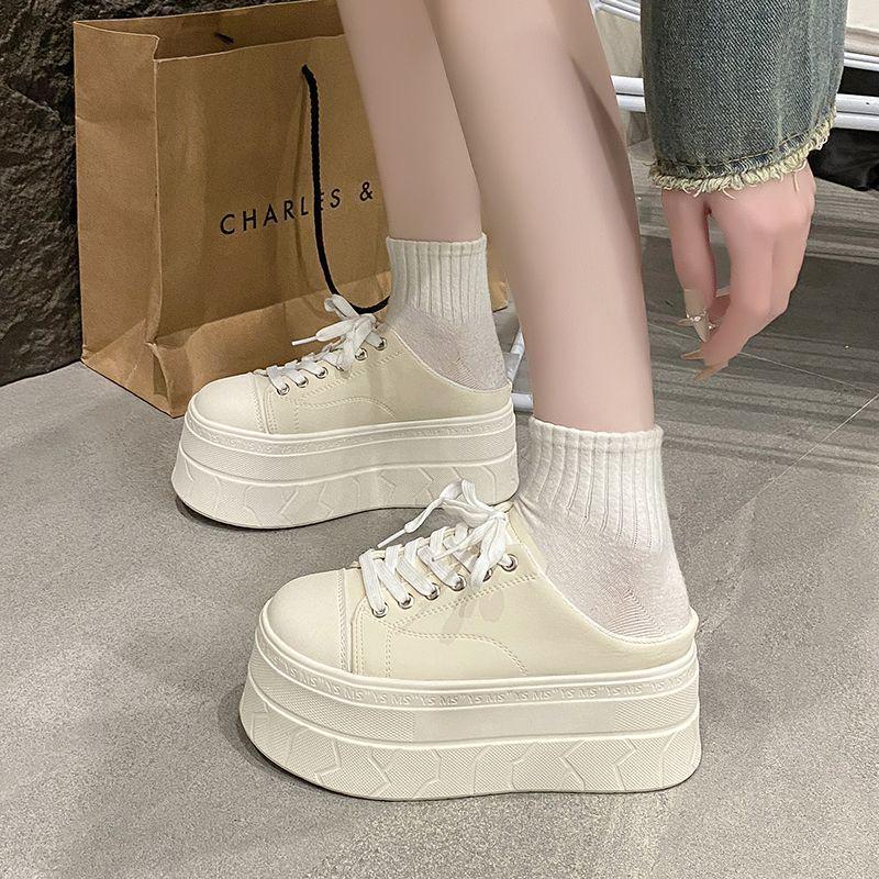 Women's White Thick-Soled Platform Mules - Closed-Toe, Backless, Petite Height Boost, Spring/Summer
