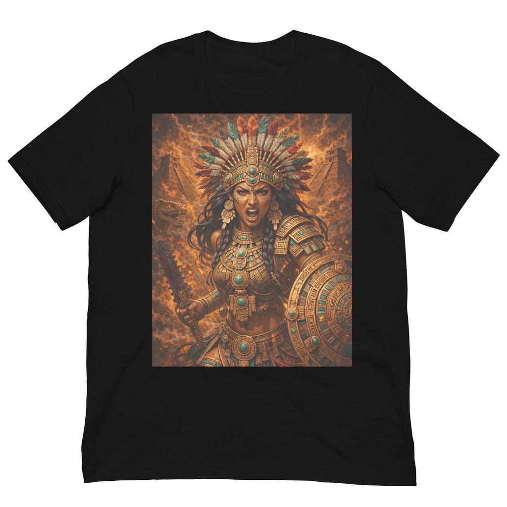Aztec Warrior Queen Shirt, Fierce Tribal Goddess Tee, Ancient Mesoamerican Female Fighter, Mythology Warrior Graphic T-Shirt