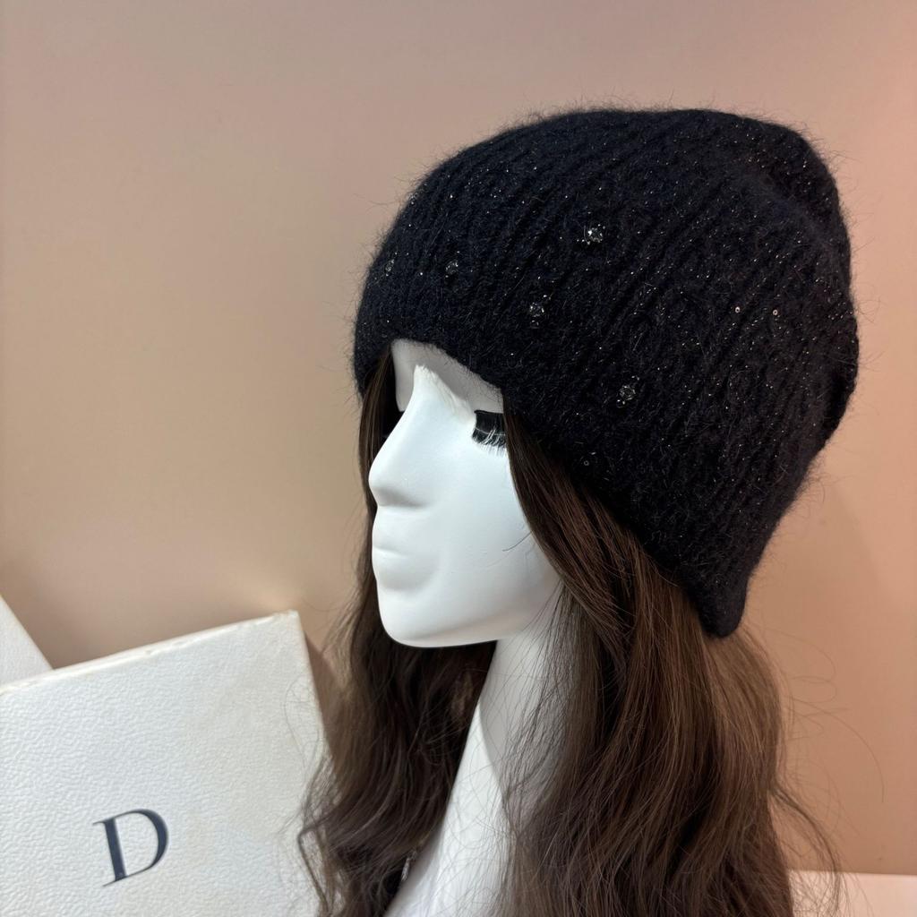 Women Winter Knit Beanie Hat Hand Sewn Pearl Rhinestone Shimmer Soft High Stretch Warm Full Head Cover Hair Loss Concealer Knitted Cap Korean Style