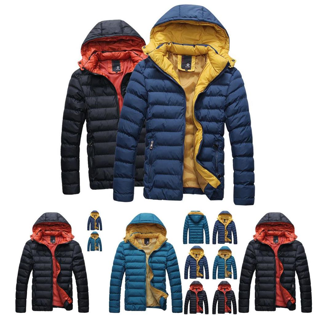 Men's Winter Warm Hooded Thick Padded Jacket With Stylish Stand Collar And Zipper Pockets