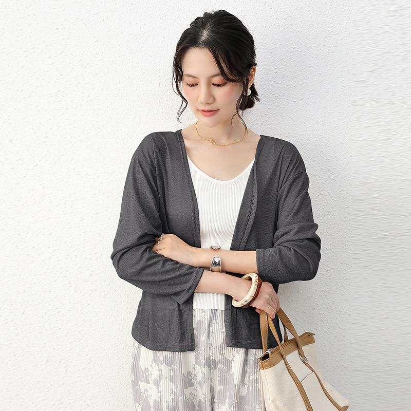 Women Long Sleeves Sun Protection Thin Cardigan Loose Air-conditioned Cover Up Front-open Tops