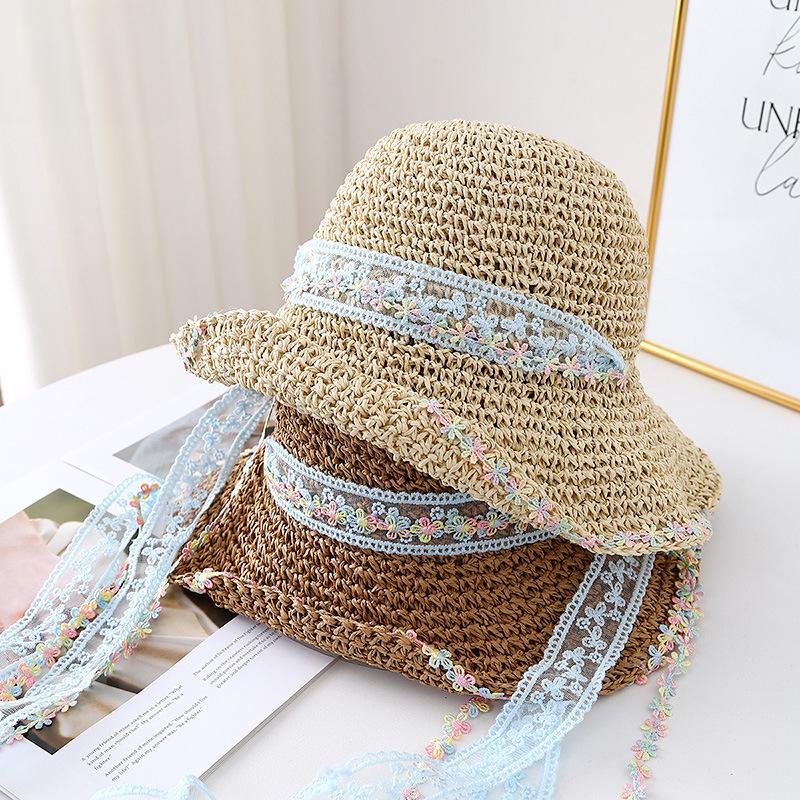 Lace Lafite Damen Strohhut Frühling und Sommer Sonnenschutz Reise Hut mit breiter Krempe Bucket Hat Strand Meer Sonnenhut