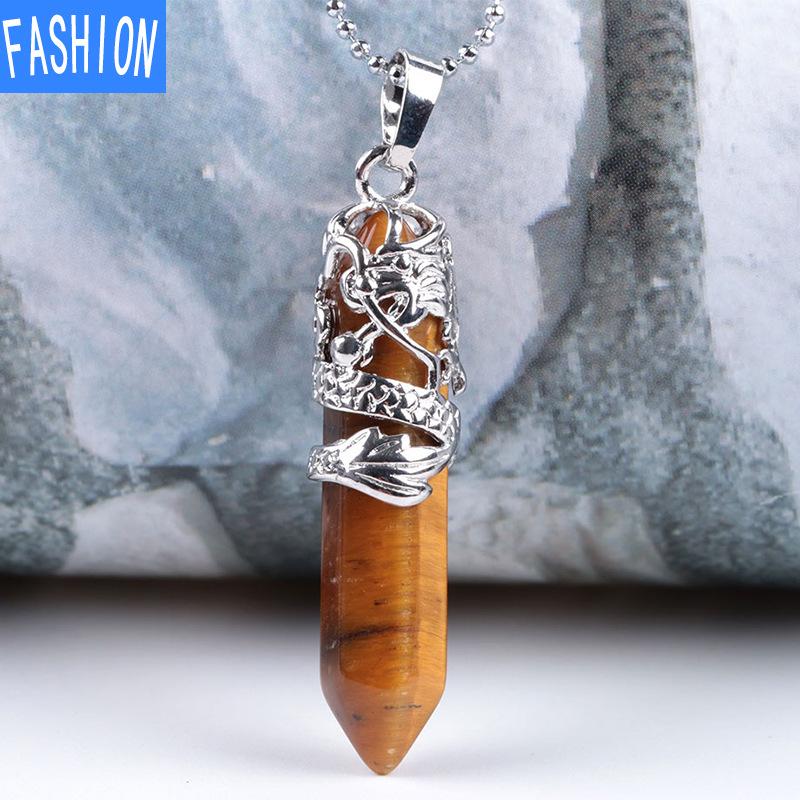 Tribal Totem Dragon Shaped Natural Stone Pendant Hexagon Aura Point Head Crystal Column Nekclace