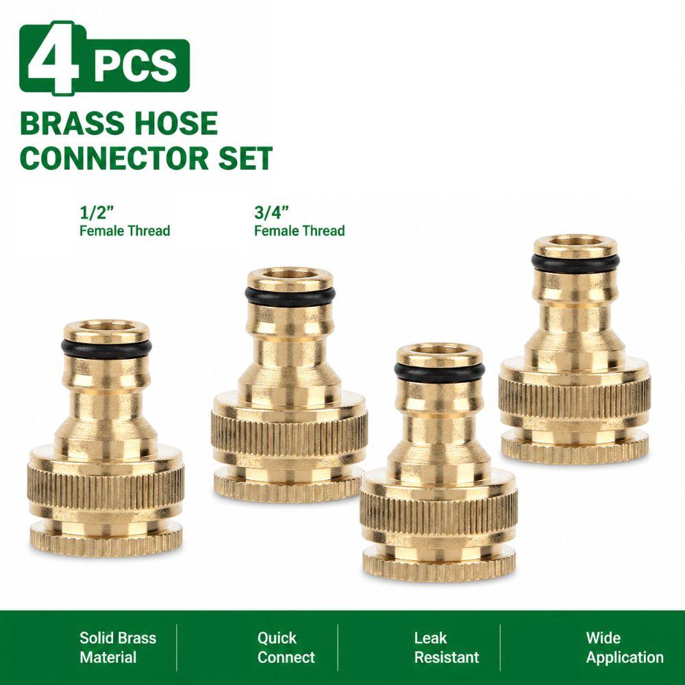 4PCS Brass Hose Quick Connector 1/2" and 3/4" Female Thread Hose Adapter  Yard Watering