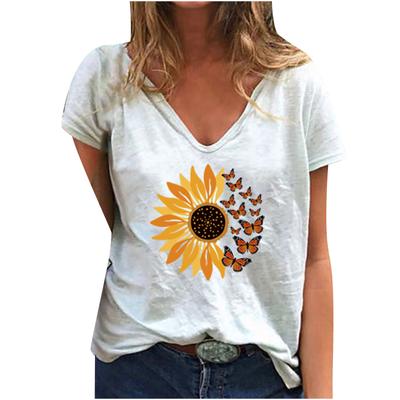 Fashion Spring Sunflower Print Blouses Short Sleeved V-Neck T Shirts Casual