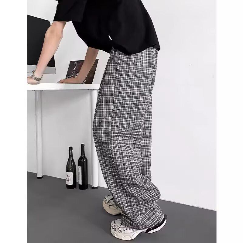 Commuter Retro Contrasting Color Plaid Casual Pants Men's Trendy Brand Lazy Loose Wide-leg Versatile New Elastic Waist Trousers