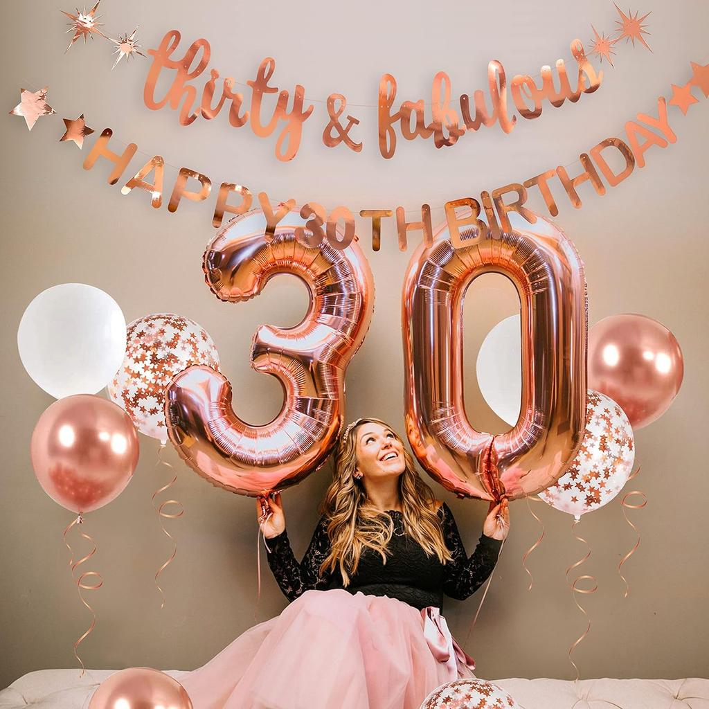 Rose Gold Thirty & Fabulous Happy 30th Birthday Banner Garland Foil Balloon 30 for Womens 30th Birthday Decorations Hanging 30 and Fabulous Cheers to
