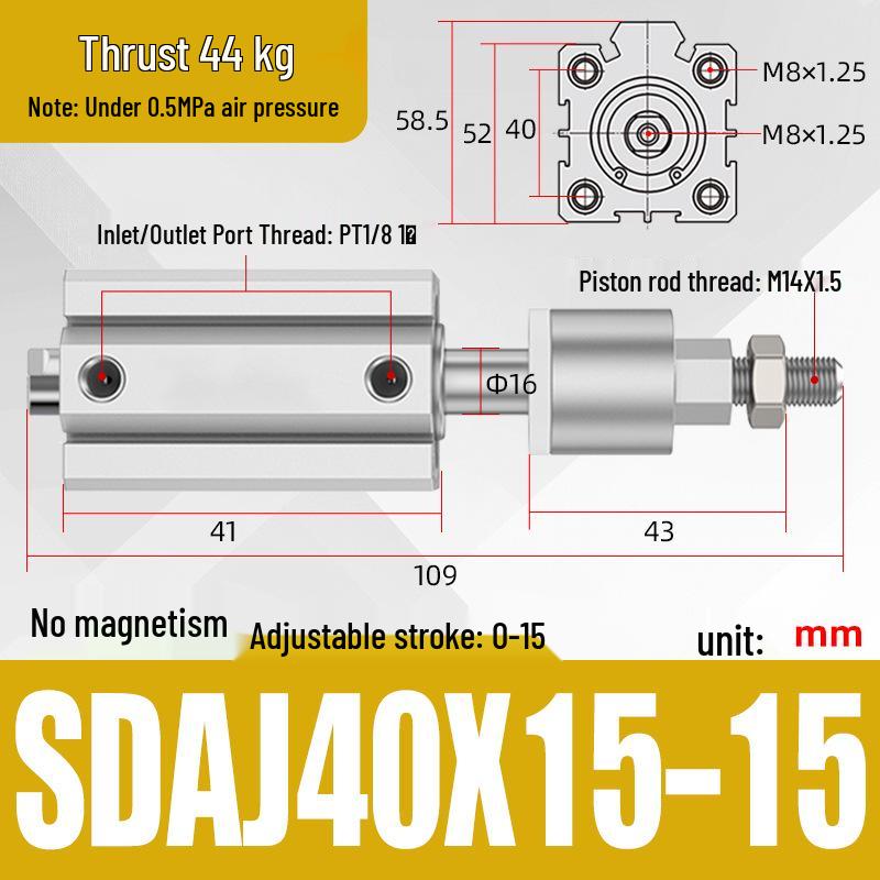 Adjustable Stroke Pneumatic Thin Cylinder - Piston Rod Sizes: 16/20/25/32/40/63