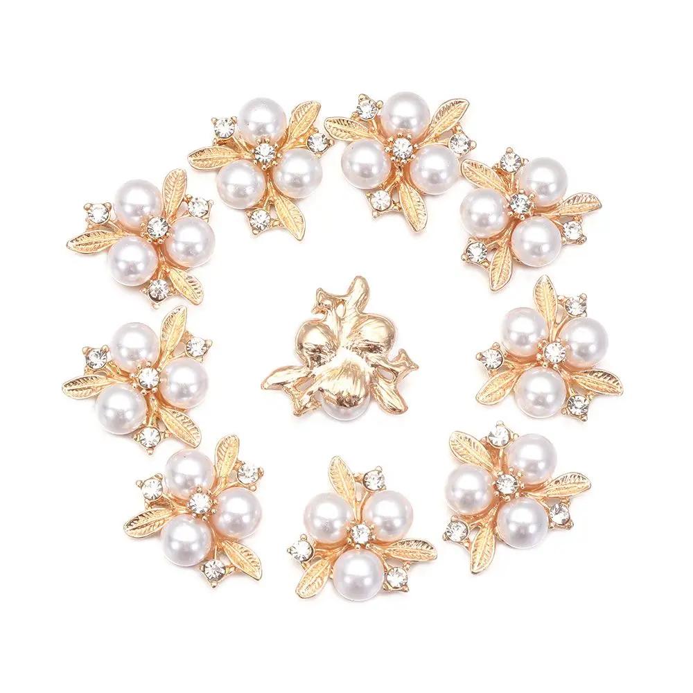 10PCS Pearl Flower Rhinestone Buttons Sparkling Crystal Hairpins Decorative Buttons for Clothes DIY Apparel Sewing Accessories