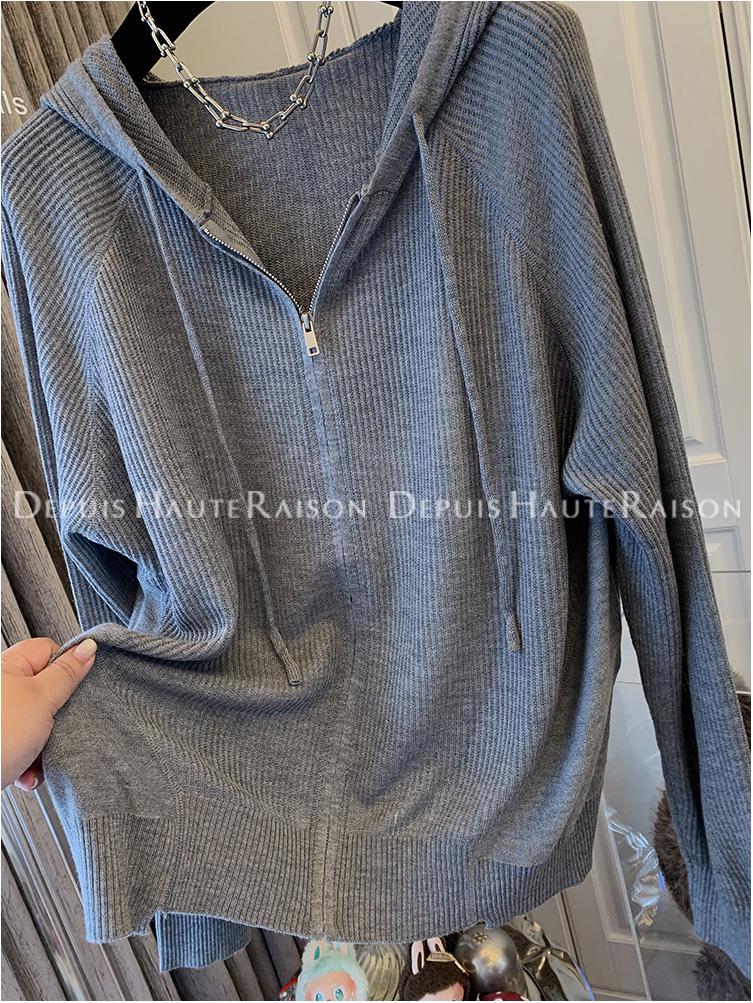 Plain Color Zipper Hooded Knit Jacket - Women's Casual Early Autumn Style