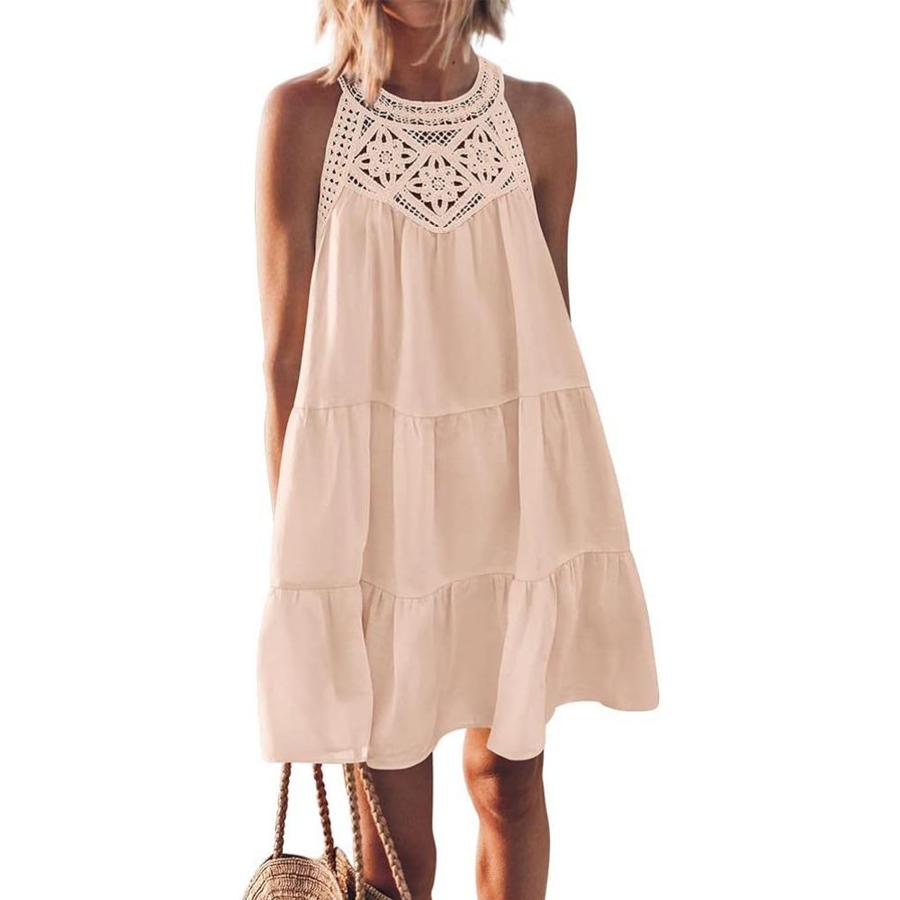 Damen Halter Neck Ärmellos Häkeldetail Lockerer Schnitt Sommer Swing Kleid