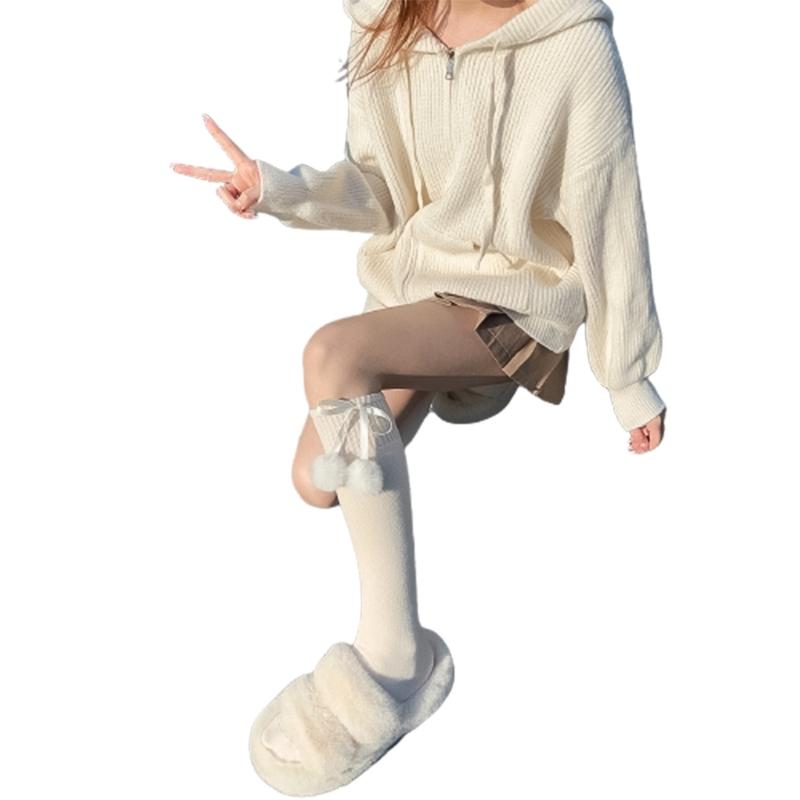 Damen kniehohe Socken Strümpfe Lolitas Schleife Schnürung Wadenstrümpfe Bommel Oberschenkelhohe Strümpfe Süß Niedlich Überknie-Socken