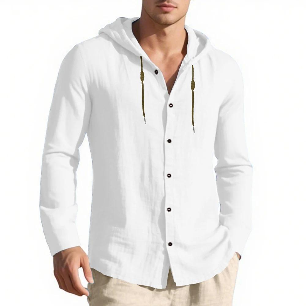 Pánská košile s kapucí, jednořadé zapínání, bavlna len, lehká, jaro léto, dlouhý rukáv, design se stahovací šňůrkou, dovolenkový styl, topy