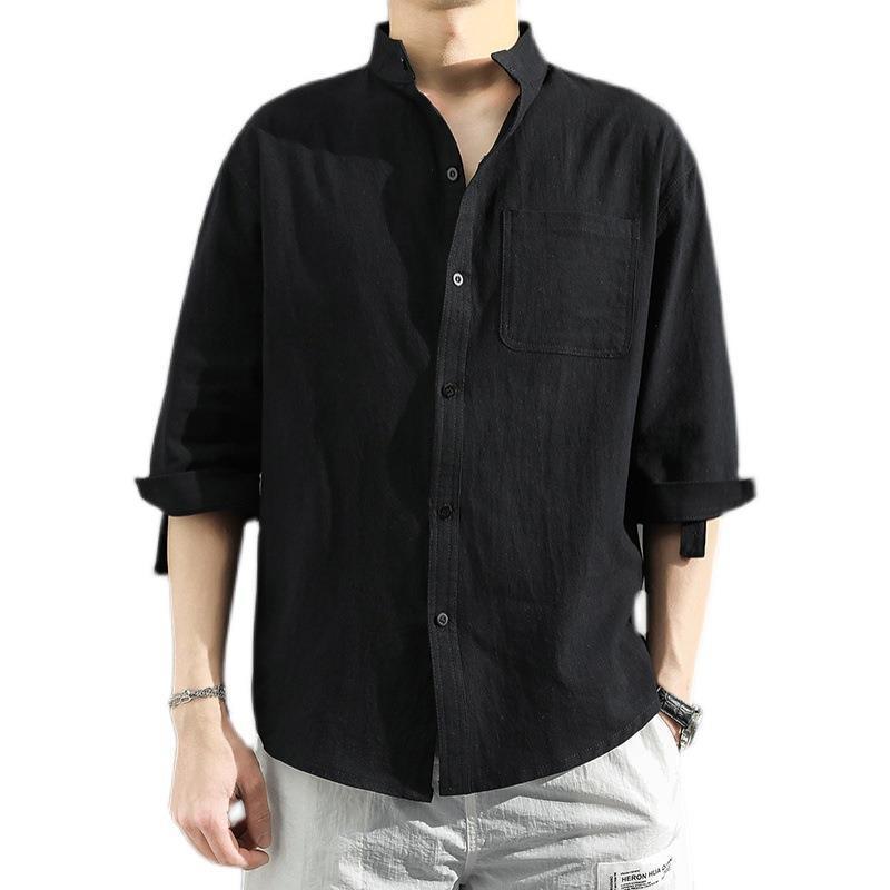 Men's Chinese Style Casual Linen Shirt - Solid Color, Loose Fit, Three-Quarter Sleeves, Summer Cotton Blend
