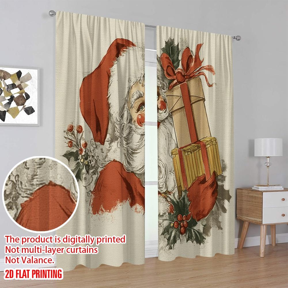 2pcs,2D Plane Printing Curtains&Window Treatment Vintage Santa Claus Versatile Polyester Fabric (without Rod) Outdoor