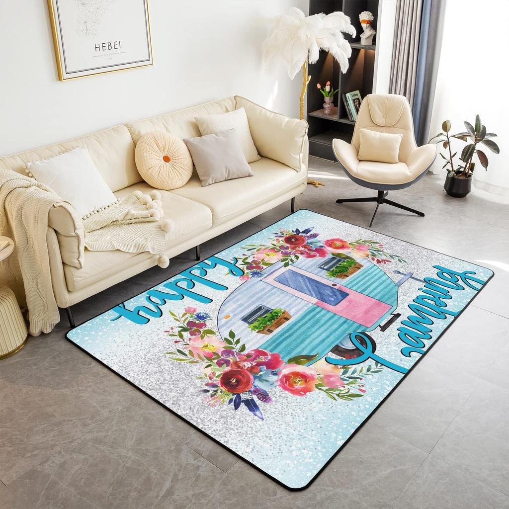 Happy Camping Living Room Rugs,Rv Car Area Rug,Vintage Farmhouse Style Non Slip Carpet, Camper Indoor Floor Mat for Travel Lover