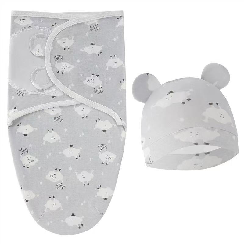 Baby Blanket Hat Set Cartoon Printed Cotton Newborn Swaddle Adjustable Infant Sleeping Swaddle Wraps All Seasons 0-6 Months