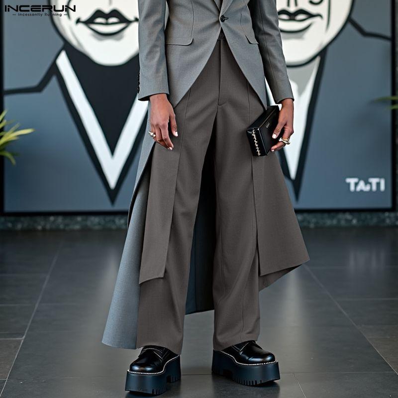 INCERUN S-XXXXXL Men Zip-up Waist Casual Long Front Layers Pants Trousers