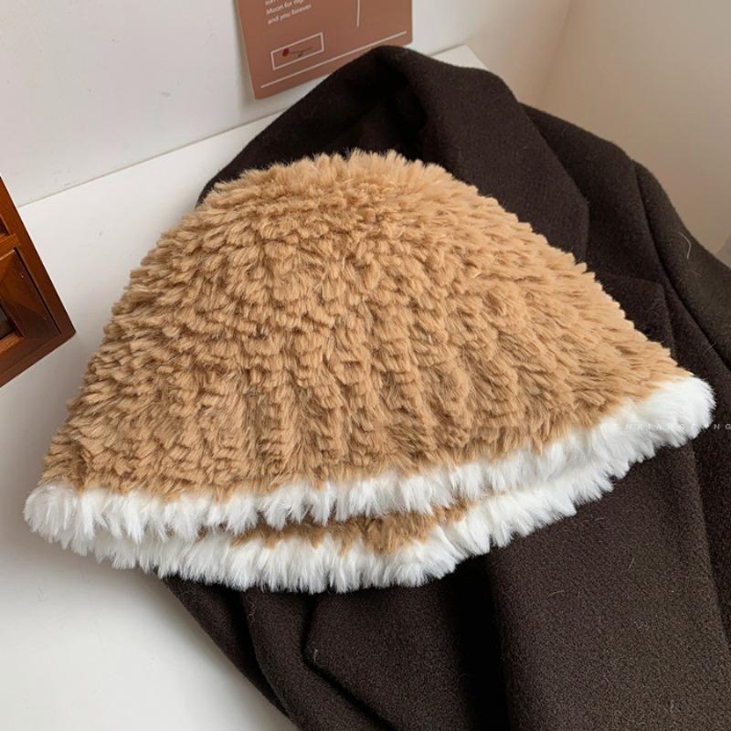 Autumn and Winter Fisherman Female Versatile Plush Basin Hat Plain Face Big Head Circumference Bucket Warm Face Small Face Covering Knitted Hat