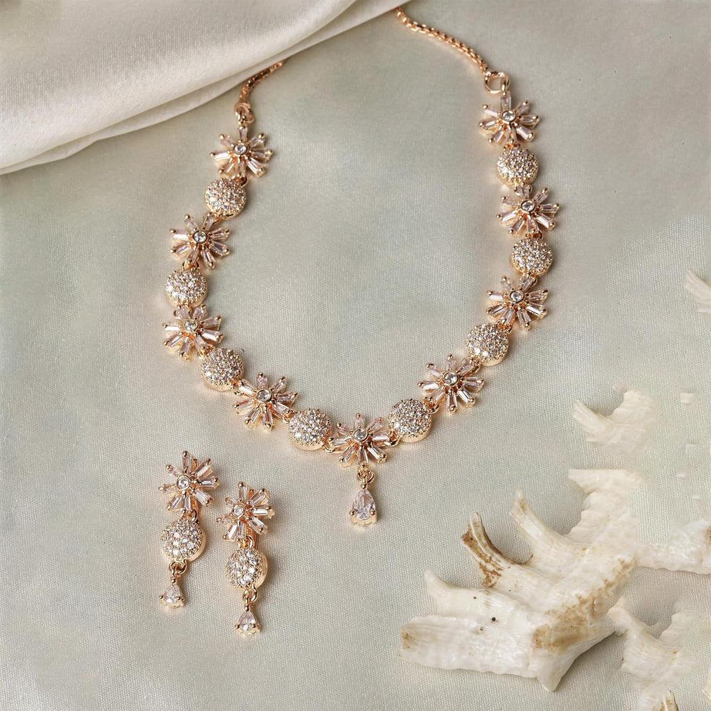 Rhodium Plated Silver Toned White American Diamond Studded Necklace With Earring Jewellery Set For Woment and Girl